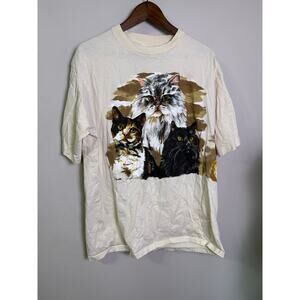 Vintage 90s Hazelwoods Cat Graphic T-Shirt XL Made in USA Single Stitch Animal